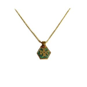Tory Burch Gold and Green Hexagon Pendant Necklace